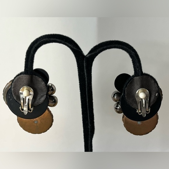 80s’ Vintage Womens Oversized Antique Gold & Black Clip On Earrings Rocker Punk - Picture 4 of 6